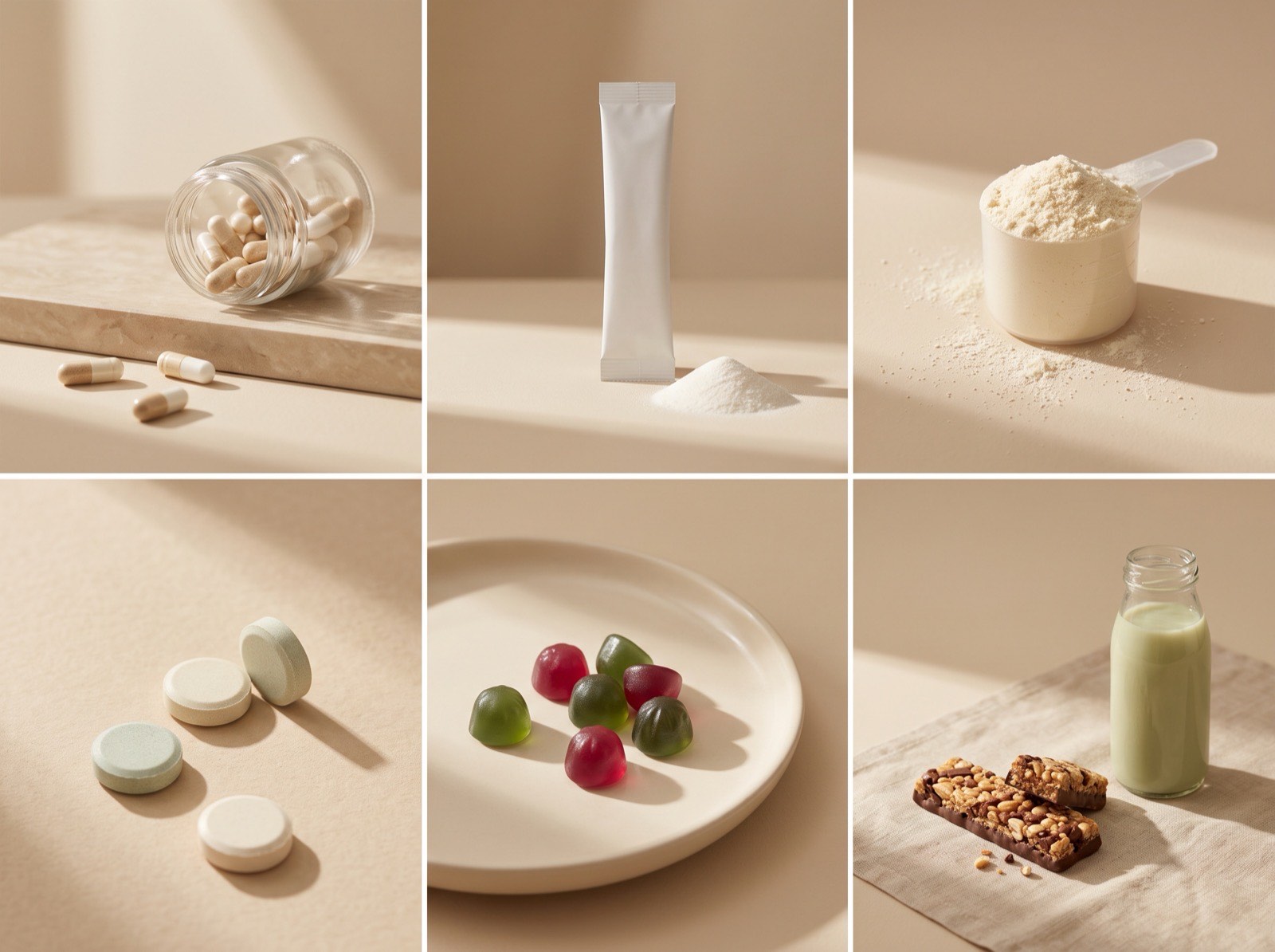 Six finished formats: capsules, a stick pack, powder, tablets, gummies, and a bar with a drink