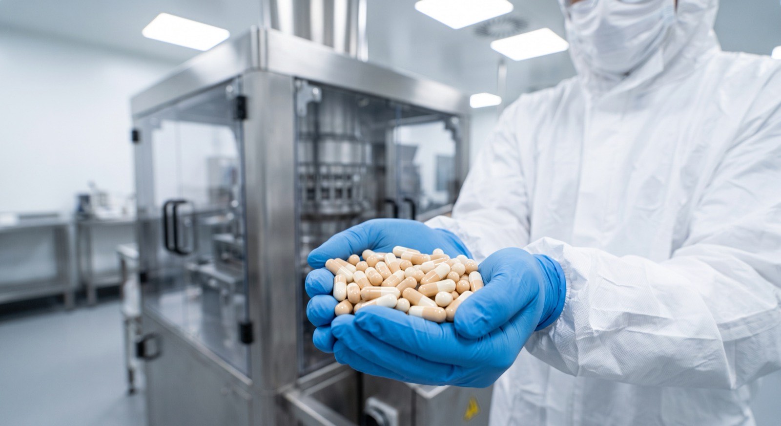 Finished capsules held in gloved hands