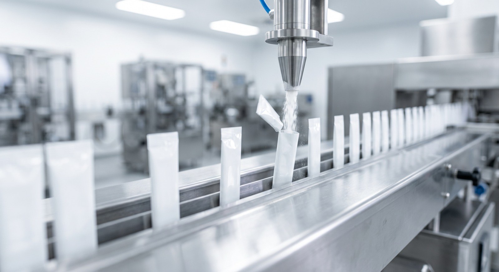 Stick-pack line dosing powder into sachets