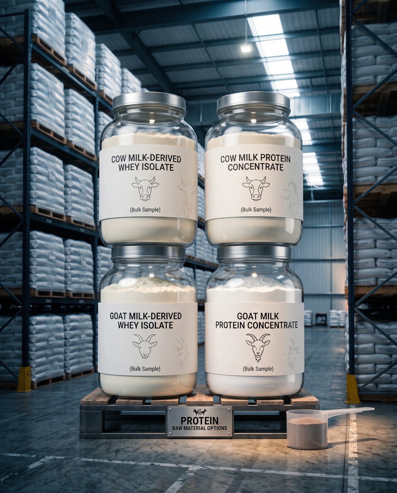 Bulk protein raw-material samples: whey isolate and milk protein concentrate, cow and goat